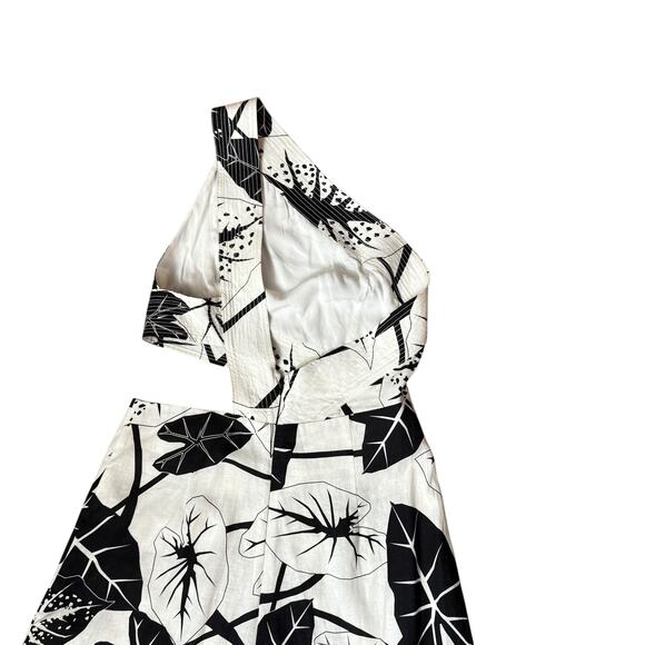 Farm Rio Graphic Leaves One Shoulder Linen-Blend Jumpsuit  Size M Cutout Waist - Picture 8 of 12